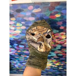 Vintage Mens Camo Knit Balaclava Ski Mask Olive Green Brown Hunting Face Mask